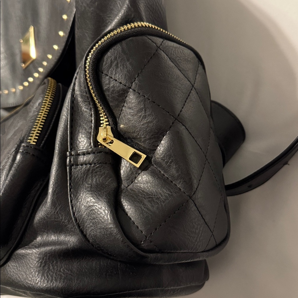 Black Vegan Leather with Gold Studs Backpack Rucksack NWT Multi-pocket - Picture 5 of 8